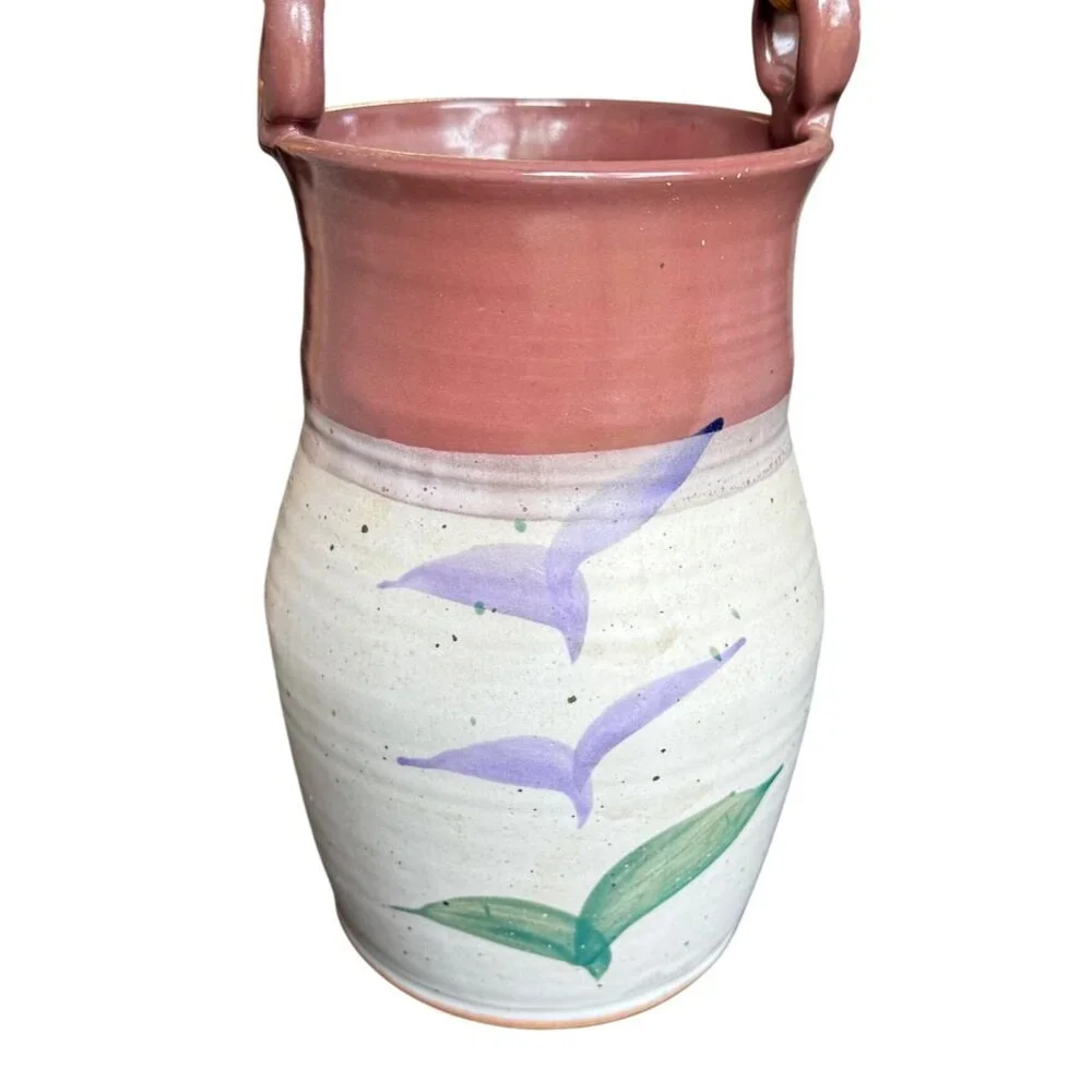 Handmade Studio Pottery Vase w/‎ Bamboo Handle Purple Gray Green Vessel Abstract